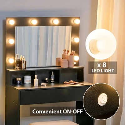 Costway Vanity Table Set With Lighted Mirror 8 LED Bulbs Large Drawer Cushion Stool 4 Costway Vanity Table Set With Lighted Mirror 8 LED Bulbs Large Drawer Cushion Stool - Image 4
