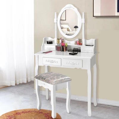 Costway Vanity Wood Makeup Dressing Table Stool Jewelry Desk 4 White 2 Costway Vanity Wood Makeup Dressing Table Stool Jewelry Desk 4 White - Image 2