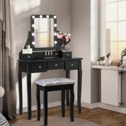 Costway Vanity Dressing Table Set W/ 10 Dimmable Bulbs Touch Switch Cushion Stool WhiteBlackBrown -DreamNest Store GUEST 01732e71 7a7b 4064 a9ac ade602370225