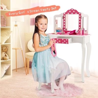 Costway Kid Vanity Set Wooden Makeup Table Stool Tri-Folding Mirror Polka Dot Print Pink 7 Costway Kid Vanity Set Wooden Makeup Table Stool Tri-Folding Mirror Polka Dot Print Pink - Image 7