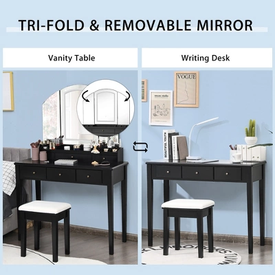 Costway Vanity Table Stool Set Large Tri-folding Lighted Mirror 6 Drawer Dresser WhiteBlack 6 Costway Vanity Table Stool Set Large Tri-folding Lighted Mirror 6 Drawer Dresser WhiteBlack - Image 6