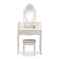 2pc Veronique White Finished Wood Vanity Table With Mirror And Ottoman White - Baxton Studio