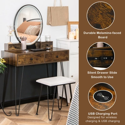 Costway Industrial Vanity Makeup Dressing Table Padded Stool Set 3-Color Lighted Mirror 5 Costway Industrial Vanity Makeup Dressing Table Padded Stool Set 3-Color Lighted Mirror - Image 5