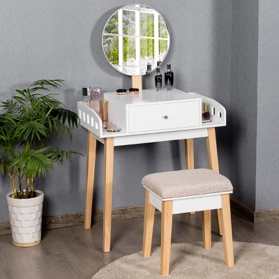 Costway Wooden Vanity Makeup Dressing Table Stool Round W/Drawer 3 Costway Wooden Vanity Makeup Dressing Table Stool Round W/Drawer - Image 3