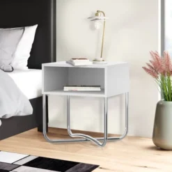 Bedside Nightstand With Open Compartment And Tubular Metal Base White/Chrome - The Urban Port -DreamNest Store GUEST 075dc771 823a 4792 b17e 68319aaca020