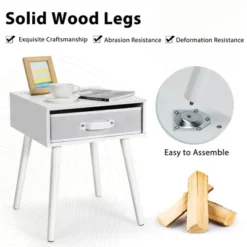 Costway Mid-Century Nightstand End Accent Bedside Table W/ Fabric Drawer Rustic White -DreamNest Store GUEST 08601b68 bf79 40e9 8be3 60a028e073fd