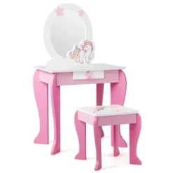 Tangkula 2-in-1 Kids Vanity Set Makeup Table & Chair Set For Toddlers W/Detachable Mirror Pink/White -DreamNest Store GUEST 08888b85 33fb 420a a552 fec729dac41b