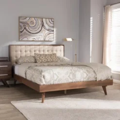 Soloman Mid - Century Modern Fabric And Walnut Finished Wood Platform Bed - Baxton Studio -DreamNest Store GUEST 08cfbaf2 a013 4bd1 8a8f fc8f2ebedf39