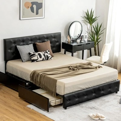 Costway Upholstered Platform Bed W/ 4 Drawers PU Leather Button Tufted Headboard 2 Costway Upholstered Platform Bed W/ 4 Drawers PU Leather Button Tufted Headboard - Image 2