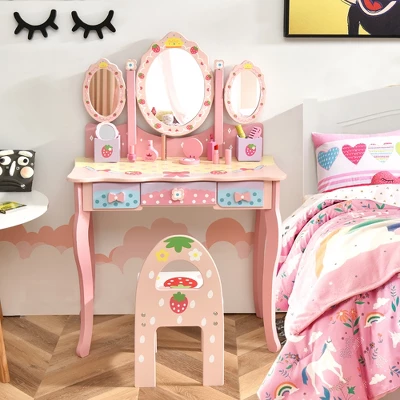 Costway Kids Vanity Princess Makeup Dressing Table Chair Set W/ Tri-fold Mirror Pink 1 Costway Kids Vanity Princess Makeup Dressing Table Chair Set W/ Tri-fold Mirror Pink