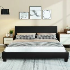 Costway Queen Upholstered Platform Bed Frame With Linen/PU Headboard Wood Slat Gray/Black -DreamNest Store GUEST 0b337e99 da3e 4325 a02c 91189e813ec8