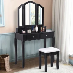Costway Makeup Table Stool Set Tri Folding Mirror Vanity WhiteBlack -DreamNest Store GUEST 0b57cfcc ecf6 44e8 b351 c652ea3324da