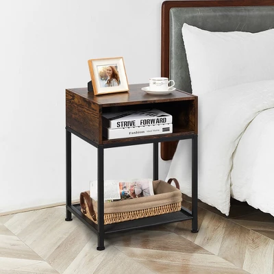 Costway Set Of 2 Industrial Nightstand End Side Table W/ Compartment & Mesh Shelf 3 Costway Set Of 2 Industrial Nightstand End Side Table W/ Compartment & Mesh Shelf - Image 3