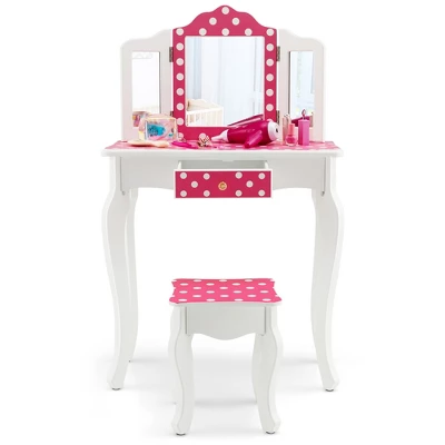 Costway Kid Vanity Set Wooden Makeup Table Stool Tri-Folding Mirror Polka Dot Print Pink 8 Costway Kid Vanity Set Wooden Makeup Table Stool Tri-Folding Mirror Polka Dot Print Pink - Image 8