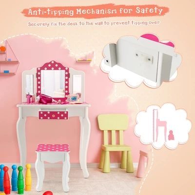 Costway Kid Vanity Set Wooden Makeup Table Stool Tri-Folding Mirror Polka Dot Print Pink 2 Costway Kid Vanity Set Wooden Makeup Table Stool Tri-Folding Mirror Polka Dot Print Pink - Image 2