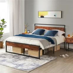 Yaheetech Rustic Metal Platform Bed With Wooden Headboard And Footboard