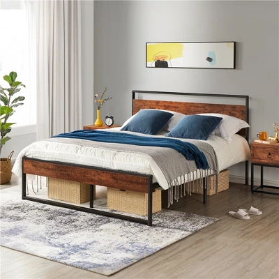 Yaheetech Rustic Metal Platform Bed With Wooden Headboard And Footboard 1 Yaheetech Rustic Metal Platform Bed With Wooden Headboard And Footboard