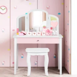 Costway Kids Vanity Set Princess Makeup Dressing Play Table Set W/Mirror White Pink -DreamNest Store GUEST 119a6637 0d33 4ff4 a83c ec7fb68a3db5