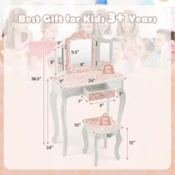 Costway Kid Vanity Set Wooden Makeup Table Stool Tri-Folding Mirror Zebra-Stripe Pink 11 Costway Kid Vanity Set Wooden Makeup Table Stool Tri-Folding Mirror Zebra-Stripe Pink -DreamNest Store GUEST 12413e2c 1d81 45e8 bed1 c322adf14ba8