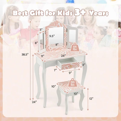 Costway Kid Vanity Set Wooden Makeup Table Stool Tri-Folding Mirror Zebra-Stripe Pink 3 Costway Kid Vanity Set Wooden Makeup Table Stool Tri-Folding Mirror Zebra-Stripe Pink - Image 3