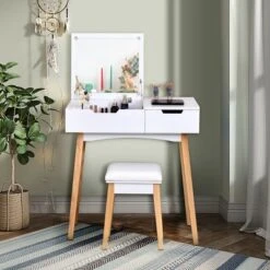 Costway Vanity Makeup Table Cushioned Stool Set W/Flip Top Mirror &1 Drawer Writing Desk -DreamNest Store GUEST 125944a5 cf89 48e1 964d 99eadba6c710