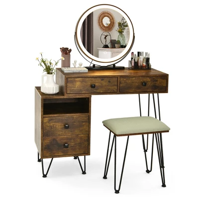 Costway Vanity Table Stool Set Dimmer LED Mirror Large Storage Cabinet Drawer Walnut BlackBrownWhite 11 Costway Vanity Table Stool Set Dimmer LED Mirror Large Storage Cabinet Drawer Walnut BlackBrownWhite - Image 11