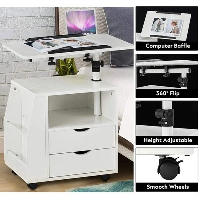 EROMMY 360 Degree Swivel Top Adjustable Height Bedside Nightstand End Table With Storage Drawers, Shelves, Lockable Wheels, & Computer Baffle, White 4 EROMMY 360 Degree Swivel Top Adjustable Height Bedside Nightstand End Table With Storage Drawers, Shelves, Lockable Wheels, & Computer Baffle, White - Image 4