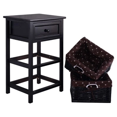 Costway Black Night Stand 3 Tiers 1 Drawer Bedside End Table Organizer Wood W/2 Baskets 4 Costway Black Night Stand 3 Tiers 1 Drawer Bedside End Table Organizer Wood W/2 Baskets - Image 4