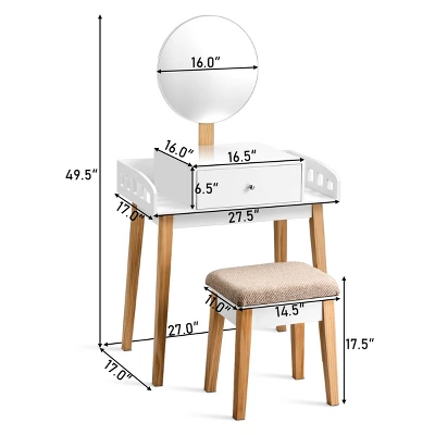 Costway Wooden Vanity Makeup Dressing Table Stool Round W/Drawer 1 Costway Wooden Vanity Makeup Dressing Table Stool Round W/Drawer