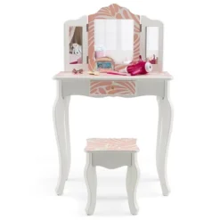 Costway Kid Vanity Set Wooden Makeup Table Stool Tri-Folding Mirror Zebra-Stripe Pink 17 Costway Kid Vanity Set Wooden Makeup Table Stool Tri-Folding Mirror Zebra-Stripe Pink -DreamNest Store GUEST 162c33db 5dfd 44fc a96b c0bdd2c0642a