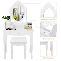Costway White Vanity Wood Makeup Dressing Table Stool 3 Drawer -DreamNest Store GUEST 16ba33db e01c 4f6a a283 1e622ddcf779