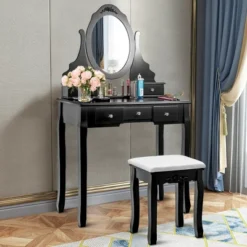 Costway Vanity Jewelry Wooden Makeup Dressing Table Set W/Stool Mirror & 5 Drawers Black -DreamNest Store GUEST 192fb5d7 be5a 4094 a627 5147d4589e74