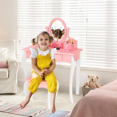 Costway Kids Vanity Princess Makeup Dressing Table Stool Set W/ Mirror Drawer 2 Costway Kids Vanity Princess Makeup Dressing Table Stool Set W/ Mirror Drawer - Image 2