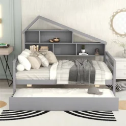 Full Size Platform Bed With Trundle And Shelves-ModernLuxe