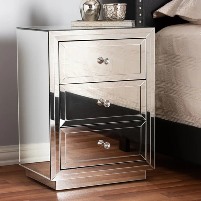 Baxton Studio Lina Mirrored 3 Drawer Nightstand Bedside Table Silver - BaxtonStudio 2 Baxton Studio Lina Mirrored 3 Drawer Nightstand Bedside Table Silver - BaxtonStudio - Image 2
