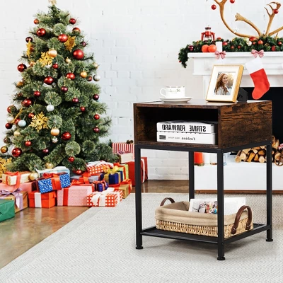 Costway Set Of 2 Industrial Nightstand End Side Table W/ Compartment & Mesh Shelf 4 Costway Set Of 2 Industrial Nightstand End Side Table W/ Compartment & Mesh Shelf - Image 4