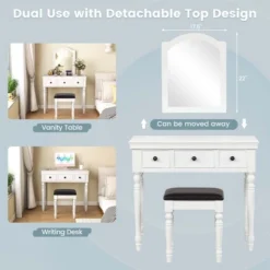 Costway Vanity Table Set Makeup Desk Cushioned Stool 3 Drawer Large Mirror White/Walnut -DreamNest Store GUEST 1c4ff588 c3fe 42b3 992d c687552c555b