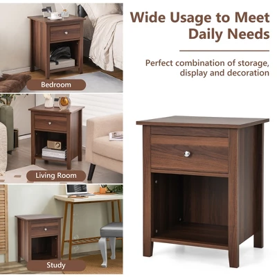 Costway Nightstand Bedside Table With Drawer & Open Shelf For Living Room Bedroom Walnut/Brown 8 Costway Nightstand Bedside Table With Drawer & Open Shelf For Living Room Bedroom Walnut/Brown - Image 8