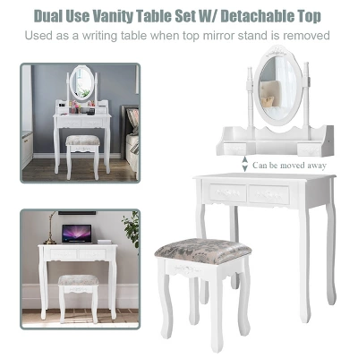 Costway Vanity Wood Makeup Dressing Table Stool Jewelry Desk 4 White 6 Costway Vanity Wood Makeup Dressing Table Stool Jewelry Desk 4 White - Image 6