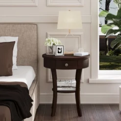 Costway 2-tier Side End Sofa Table Round Nightstand For Bedroom Living Room White/Espresso -DreamNest Store GUEST 1fb40973 fbf2 4859 b4cb 55cb9351528d