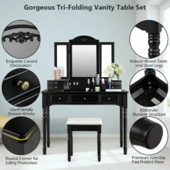 Costway 7 Drawers Vanity Set Dressing Table W/ Tri-Folding Mirror -DreamNest Store GUEST 217c0413 003e 47c9 aabc 07084a580ab6