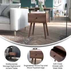 Flash Furniture Hatfield Mid-Century Modern One Drawer Wood Nightstand, Side Accent Or End Table With Soft Close Storage Drawer, Dark Walnut -DreamNest Store GUEST 23e4967a ca29 4df1 bf13 0fb9e1d3ac91