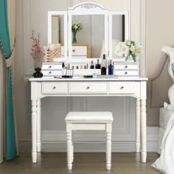 Costway 7 Drawers Vanity Set Dressing Table W/ Tri-Folding Mirror -DreamNest Store GUEST 26359450 702e 4d73 a821 14695df44928