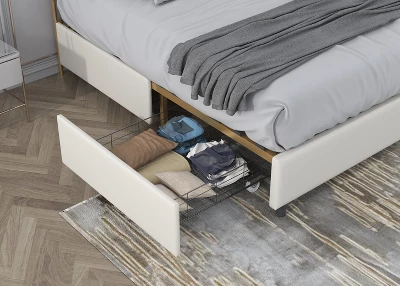 Classic Upholstered Platform Bed With Buckle Backrest, Metal Frame, Solid Wood Ribs And Four Storage Drawers -ModernLuxe 5 Classic Upholstered Platform Bed With Buckle Backrest, Metal Frame, Solid Wood Ribs And Four Storage Drawers -ModernLuxe - Image 5