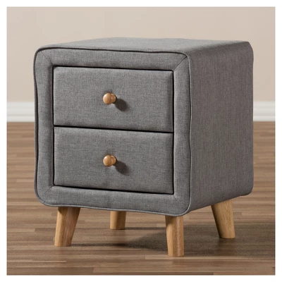 Jonesy Mid - Century Fabric Upholstered 2 - Drawer Nightstand - Gray - Baxton Studio 4 Jonesy Mid - Century Fabric Upholstered 2 - Drawer Nightstand - Gray - Baxton Studio - Image 4