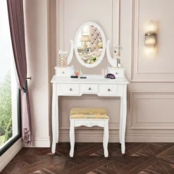 Costway Vanity Table Dressing Table 5 Make Up Table Stool -DreamNest Store GUEST 2be17350 4af8 497a a68e 1cae5449fc00