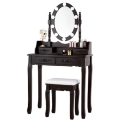 Tangkula Make-Up Vanity Table Dresser Set W/LED Light, Black Brown White -DreamNest Store GUEST 2d4794fc eee8 4247 b3eb 321febaf41ed