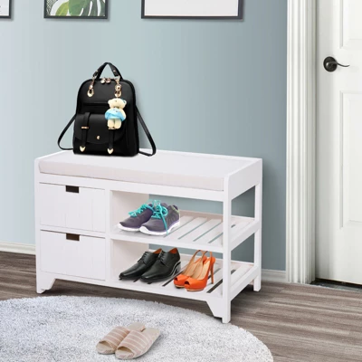 HOMCOM Shoe Cabinet, Wooden Storage Bench With Cushion, Entryway Rack With Drawers, Open Shelves 2 HOMCOM Shoe Cabinet, Wooden Storage Bench With Cushion, Entryway Rack With Drawers, Open Shelves - Image 2