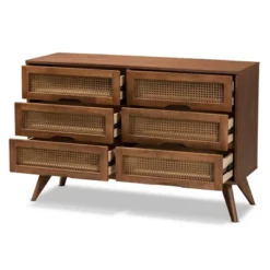 Barrett Wood And Synthetic Rattan 6 Drawer Dresser Walnut Brown - Baxton Studio