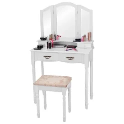 Tangkula Tri Folding Vanity Mirror Makeup Table Set W/4 Drawers & Stool White -DreamNest Store GUEST 2ebae3dc 24dd 4b74 86da 788ca9b1a02c